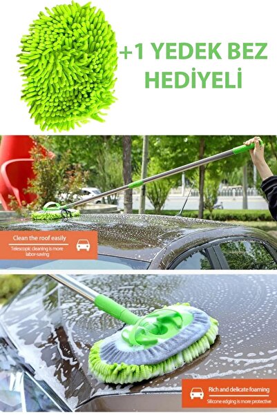 SİHİRLİ MOP Araba Yıkama Fırçası Oto Yıkama Mop Mikrofiber Bezli Teleskopik Saplı 1 Yedek Bez Hediyeli