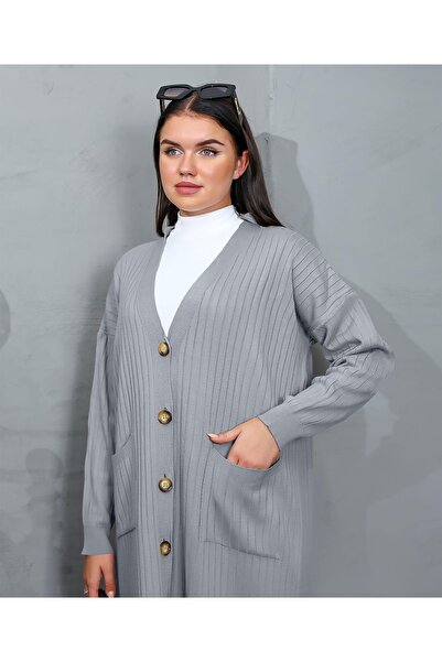 Bracha Corded Pattern V-Neck Comfortable Fit Pocket Model Long Knitwear Cardigan