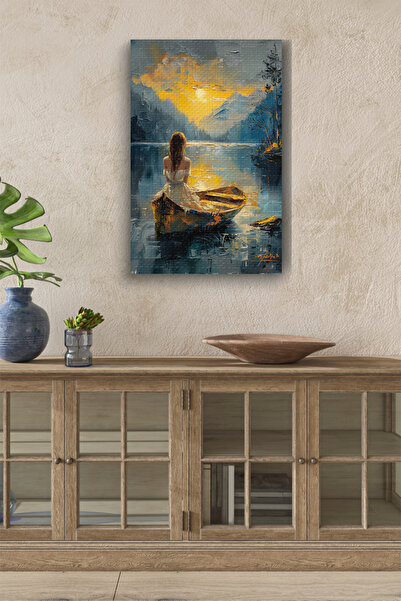 GülsenArt Kayıklı Kadın Doğal Yağlı Boya Görünümlü HD Dijital Baskı Dikey kan...