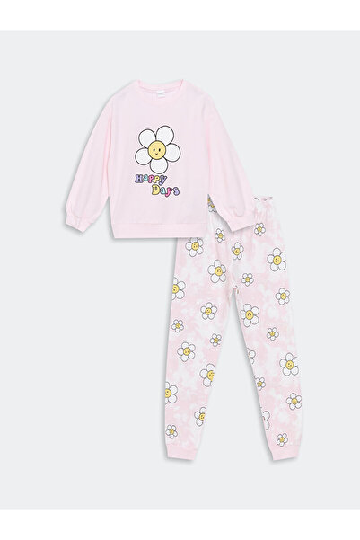 LC Waikiki Pink Crew Neck Printed Girl's Pajamas Set