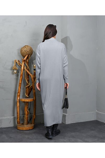 Bracha Corded Pattern V-Neck Comfortable Fit Pocket Model Long Knitwear Cardigan