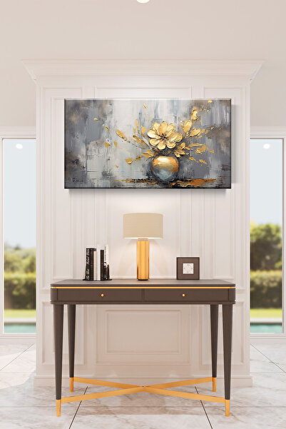 Lona Sanat Modern Saksıda Gold Çiçek Sanatsal Kanvas Tablo Salon Oturma Yatak...