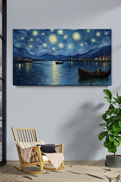 Lona Sanat Van Gogh Tarzı Sanat Yıldızlı Gece Manzarası Kanvas Tablo Salon Ot...
