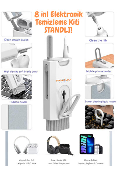 Teknoloji Gelsin Temizleme Kiti 8in1 Sprey Depolu Mikrofiber Yüzeyli Kulaklık Telefon Tablet Klavye Temizleme Seti