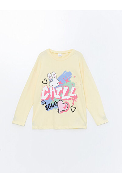 LC Waikiki Yellow Crew Neck Printed Long Sleeve Girls Pajamas Set