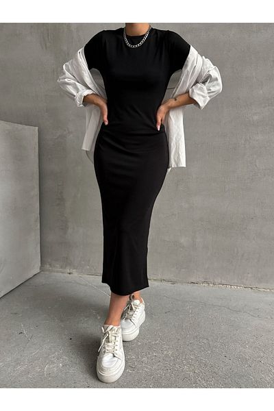 BEJNA Dámské černé Maxi šaty Bodycon Crew Crew s dlouhým rukávem