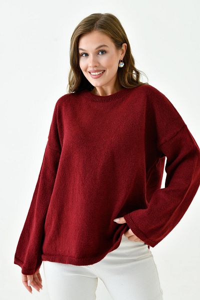 WOMAN VISION Pulover de damă, cu umăr dezactivat, cu mânecă evazată, cu gâtul turn, cu mânecă lungă, tricotaj supradimensionat, roșu Claret 4091