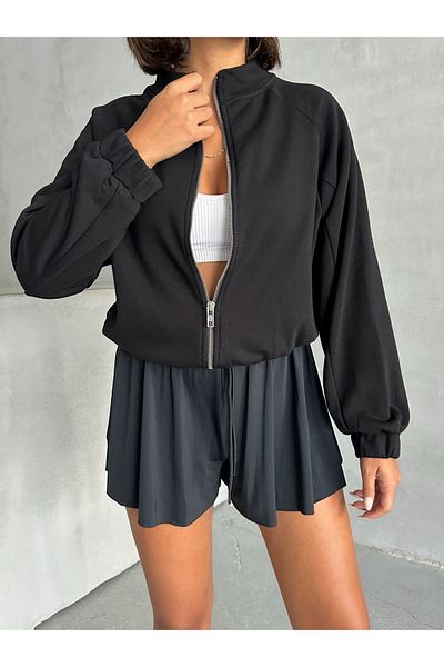 Look Forward Women's Black Zippered Sleeve Elastic Waist 3 Thread Sweat