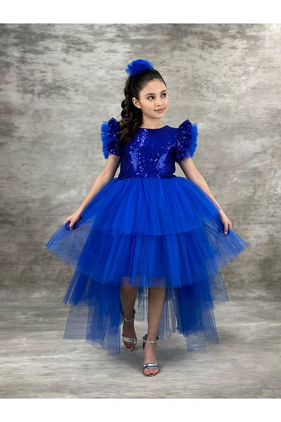 defada Saks Blue Girl's Tailed Sequin Sequin Dress Evening Dress Birthday Costume