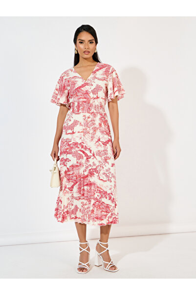 Styli All Over Print Pleated A-Line Midi Dress