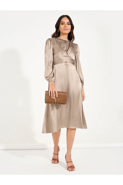 Styli Satin Twisted Tie Up Detail A-Line Midi Dress