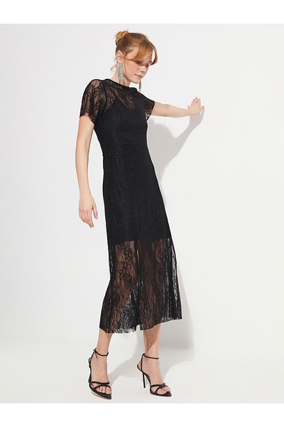 June By Styli Lace Insert Slit Hem Detail Sheath Midi Dress