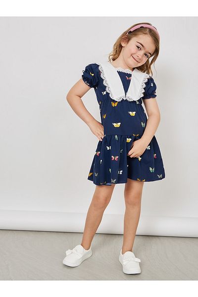 Styli Butterfly Print Lace Insert Ruffled Dress