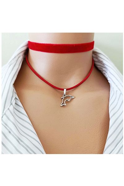 Bijustore Red Velvet - Suede Dolphin Fish Women's Choker