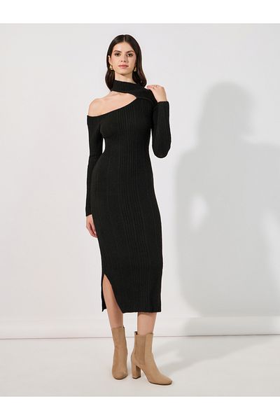 Styli Textured Knit Shoulder Cut-Out Sweater Midi Dress
