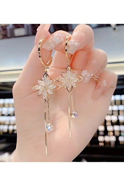 ER TAKI Taşlı Gold Renkli Uzun Sallantılı Şık Düğün Abiye Küpe