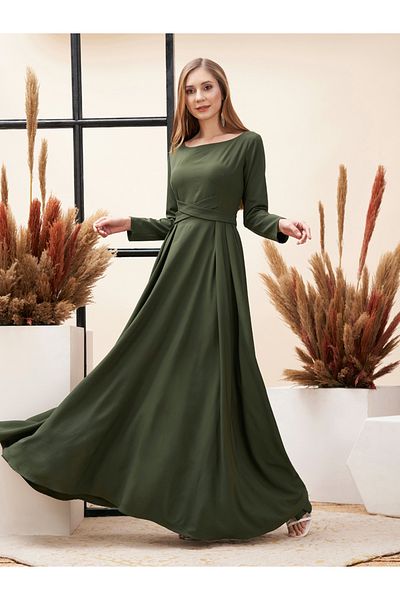 Mish By Styli Solid Criss Cross Detail Maxi Dress with Full Sleeves