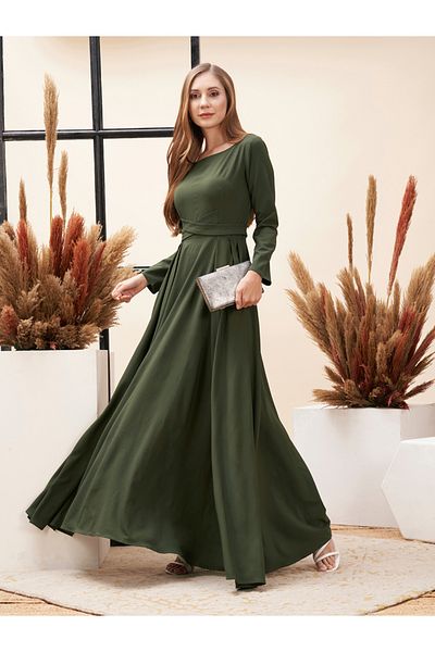 Mish By Styli Solid Criss Cross Detail Maxi Dress with Full Sleeves