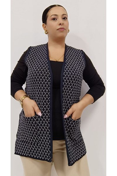 AKŞEN GİYİM Plus Size Women's Steel Knit Argyle Pattern Two Pocket Mother Design Short Knitwear Vest