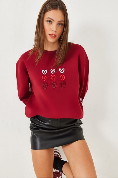 Bianco Lucci Women's Three Thread Raised Heart Printed Sweatshirt