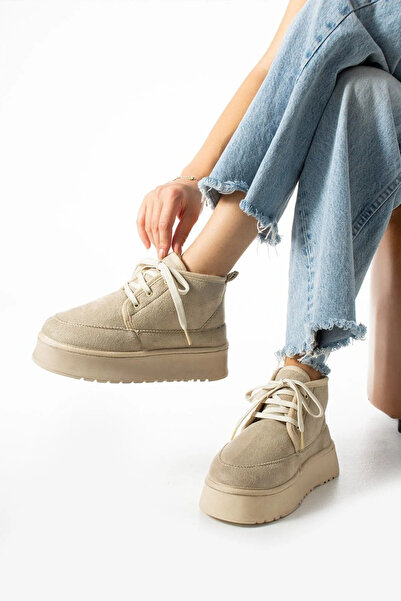 innsteal Kadın Bej Süet Içi Kürklü Kalın Taban Yarım Bağcıklı Midi Bot&bootie