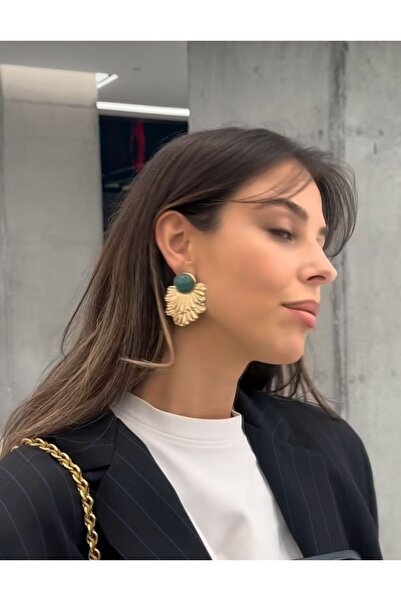 Niceboutique Yeşil Taşlı Gold Plaka Küpe