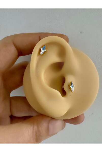 Arescollection 1 ADET G23 TİTANİUM ( TİTANYUM )MAVİ ZİRKON TAŞLI TRAGUS HELİX CONCH LOBE UYUMLU PİERCİNG