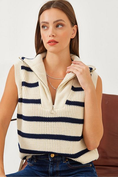 Bianco Lucci Rollkragenpullover für Damen mit Reißverschluss, gestreift