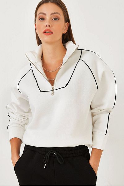 Bianco Lucci Damen-Sweatshirt mit halbem Reißverschluss in Übergröße MB-5386 60251896