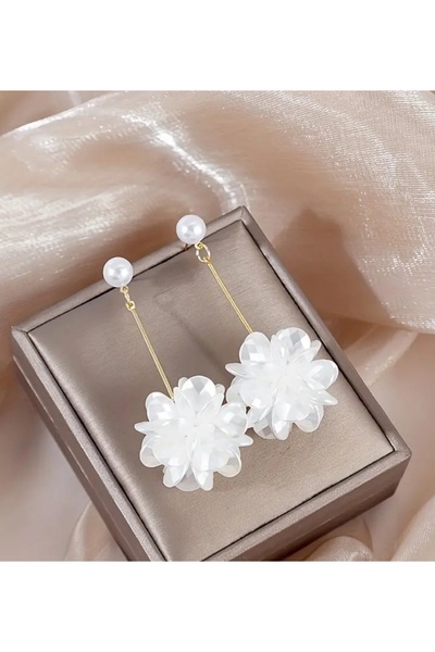 ER TAKI İncili Gold Renkli Uzun Sallantılı Şık Çiçek Düğün Abiye Küpe