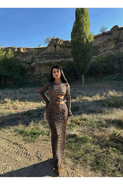 kırmızı butiks فستان ساندي مع نافذة جانبية ليوبارد