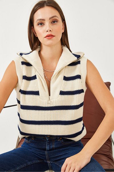 Bianco Lucci Rollkragenpullover für Damen mit Reißverschluss, gestreift