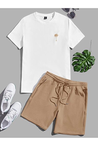 OVER HEAD Unisex White Figure Palm Printed Oversize T-Shirt Shorts Set