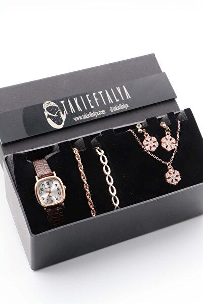 Northwatch Retro Minimal Deri Kordon Kadın Saat, Bileklik Ve Küpe Seti