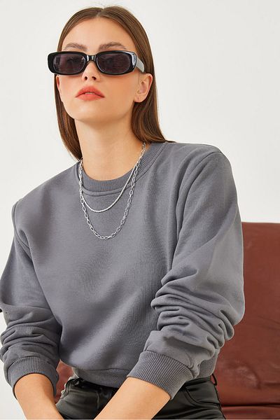 Bianco Lucci Damen-Basic-Crop-Sweatshirt mit Rundhalsausschnitt 60251797
