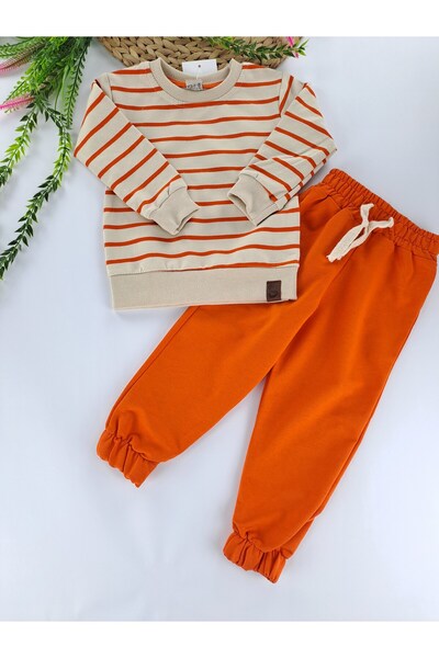 Butik Erkek Çocuk Eşofman Takımı Mevsimlik Kahverengi Renk Çizgi Detaylı Beli...