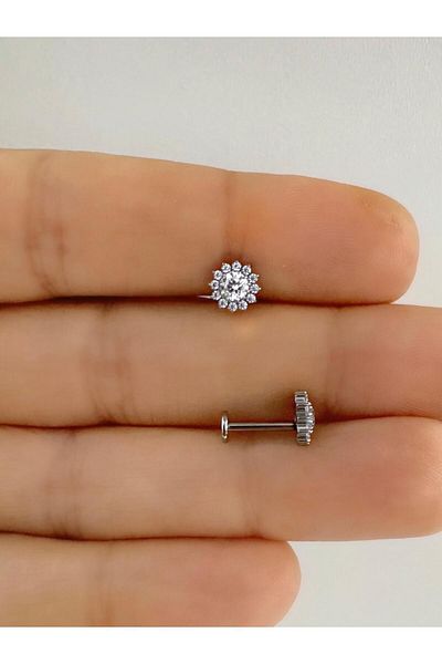 Arescollection 1 Piece G23 Titanium (Titanium) Flower Model Tragus Helix Conch Lobe Compatible Piercing