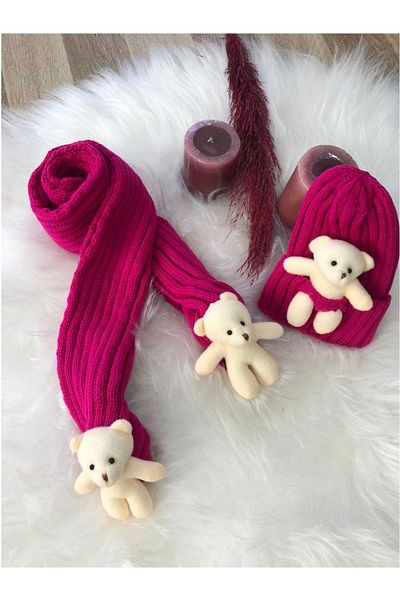 EXTRAÇARŞI Girl's Teddy Bear Scarf Beanie Set 4/14 Years