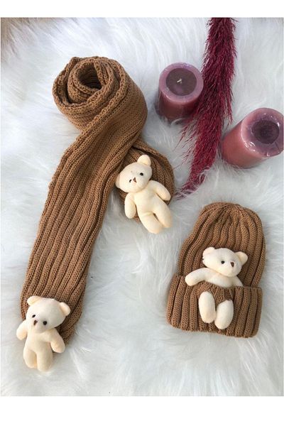 EXTRAÇARŞI Girl's Teddy Bear Scarf Beanie Set 4/14 Years