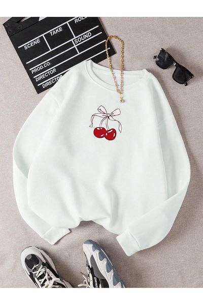 Mad&Calf Дамски суитшърт с полар с щампа с червена череша