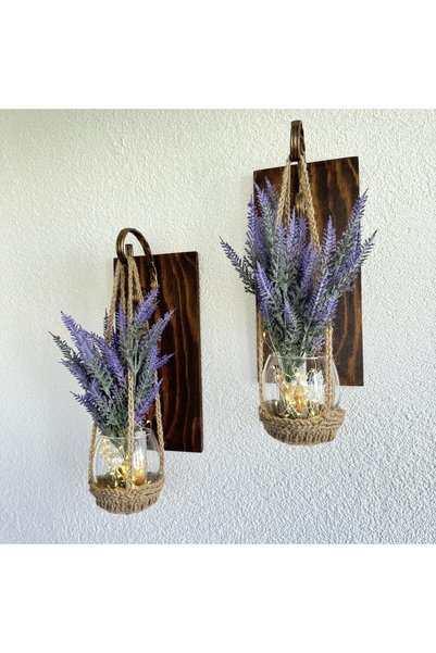 STDEKOR Wall Decoration, Led Light, Purple Lavender Flower, Walnut Sconce Set of Two