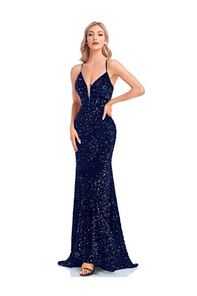 elissaa BOYUNDAN BAĞLAMALI SIRT DEKOLTELİ KADİFE PAYET UZUN ABİYE ELBİSE