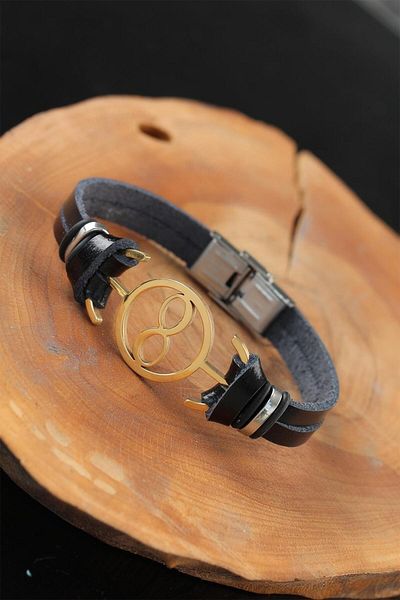 BESKAR Gold Color Infinity Black Leather Men's Bracelet with Metal Accessories