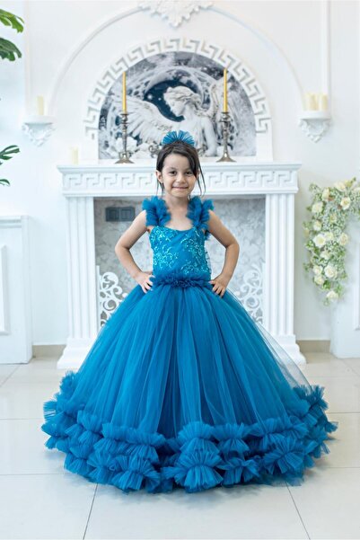 FR Shop ÜST KISIM ÖZEL İŞLEMEYE SAHİP ASKI VE ETEK UCU FIRFIRLI İNDİGO ÇOCUK ABİYE