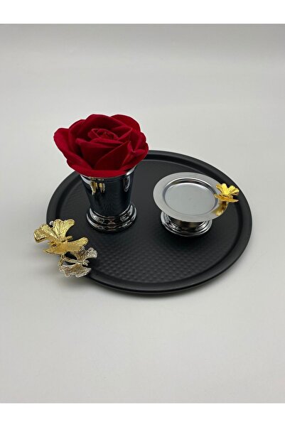 Fiyakalı Ürünler Atölyesi 6'lı Kelebekli Yuvarlak Siyah Sunum Damat Kahve Tep...