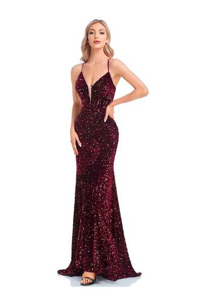 elissaa BOYUNDAN BAĞLAMALI SIRT DEKOLTELİ KADİFE PAYET UZUN ABİYE ELBİSE