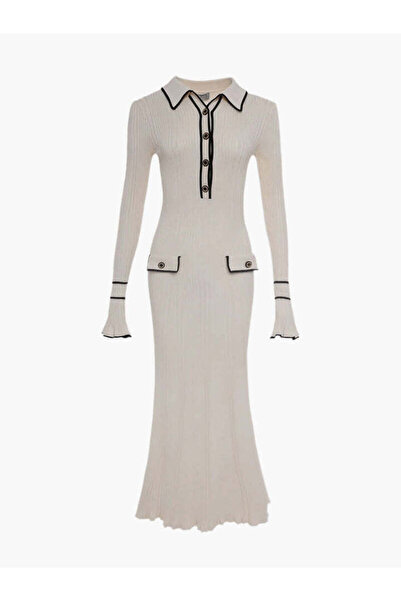 Lusin Women's Ecru Polo Collar Stylish Button Detailed Long Sleeve Ribbed Knitwear Dress