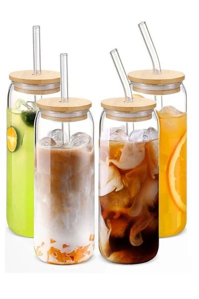 Rosemor 8-Piece Bamboo Lid Glass Cup with Straw Heat Resistant Borosilicate Coke Shaped Coffee Presentation Cup
