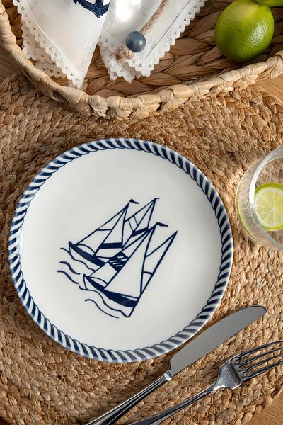 porselenden Sail Premium 19 cm Dark Blue Marine Patterned Cake Plate - Single