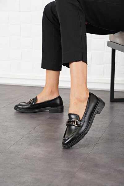 Moda Pie Balerini de damă cu cataramă puternică, piele neagră